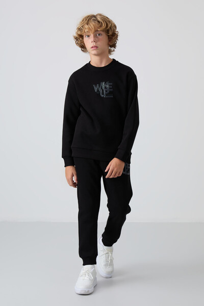 Tommylife Wholesale 7-15 Age Crew Neck Boys' Tracksuit Set 11253 Black - Thumbnail