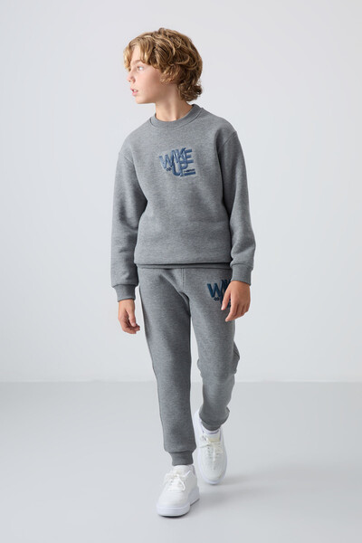 Tommylife Wholesale 7-15 Age Crew Neck Boys' Tracksuit Set 11253 Gray Melange - Thumbnail