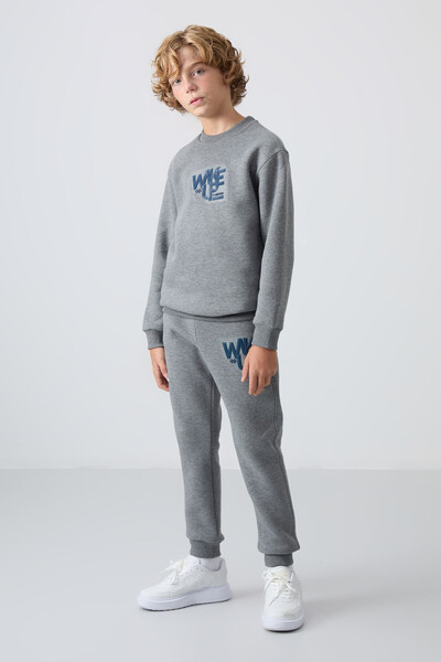 Tommylife Wholesale 7-15 Age Crew Neck Boys' Tracksuit Set 11253 Gray Melange - Thumbnail