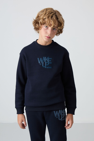 Tommylife Wholesale 7-15 Age Crew Neck Boys' Tracksuit Set 11253 Navy Blue - Thumbnail