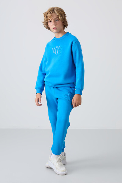 Tommylife Wholesale 7-15 Age Crew Neck Boys' Tracksuit Set 11253 Saxe - Thumbnail