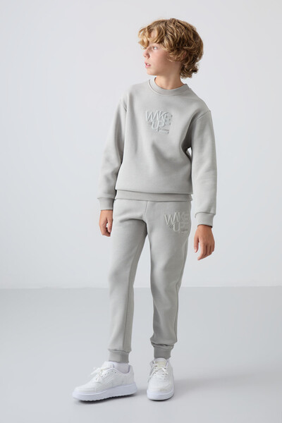 Tommylife Wholesale 7-15 Age Crew Neck Boys' Tracksuit Set 11253 Stone - Thumbnail