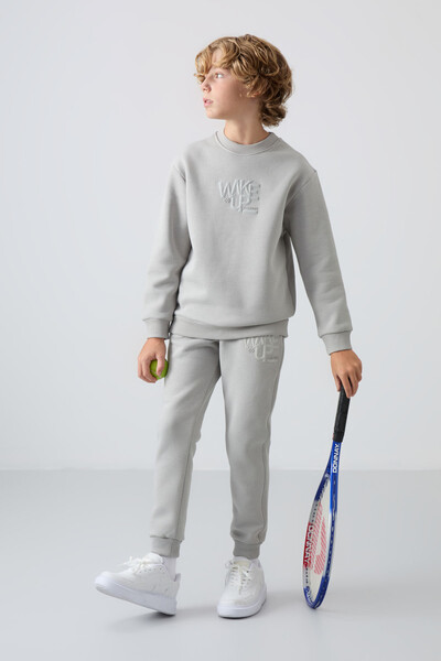 Tommylife Wholesale 7-15 Age Crew Neck Boys' Tracksuit Set 11253 Stone - Thumbnail