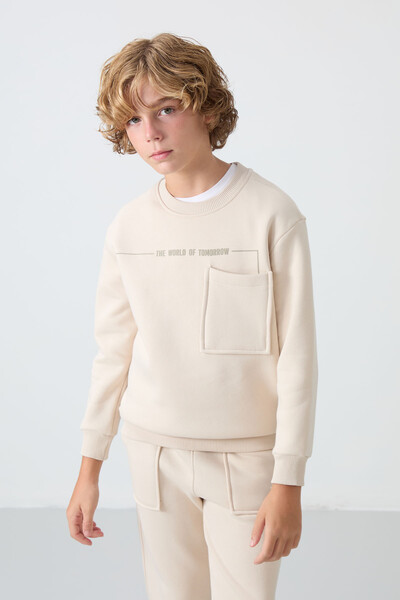 Tommylife Wholesale 7-15 Age Crew Neck Boys' Tracksuit Set 11257 Beige - Thumbnail