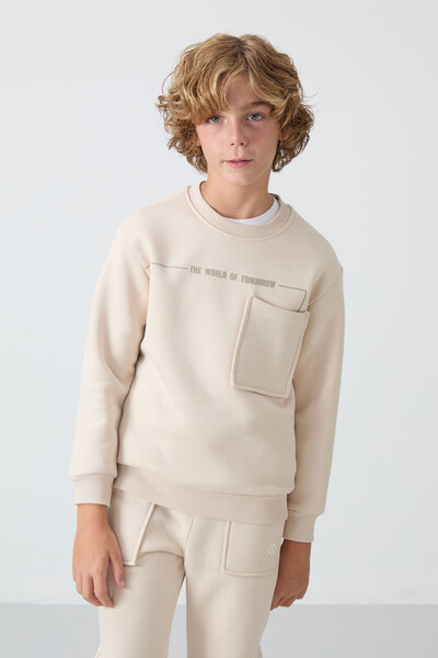 Tommylife Wholesale 7-15 Age Crew Neck Boys' Tracksuit Set 11257 Beige - Thumbnail