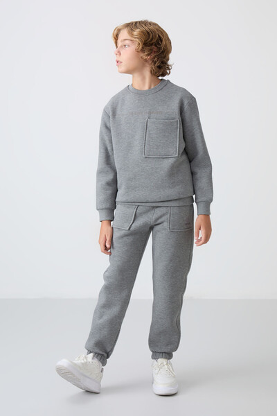 Tommylife Wholesale 7-15 Age Crew Neck Boys' Tracksuit Set 11257 Gray Melange - Thumbnail