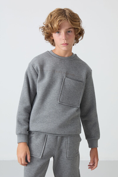 Tommylife Wholesale 7-15 Age Crew Neck Boys' Tracksuit Set 11257 Gray Melange - Thumbnail