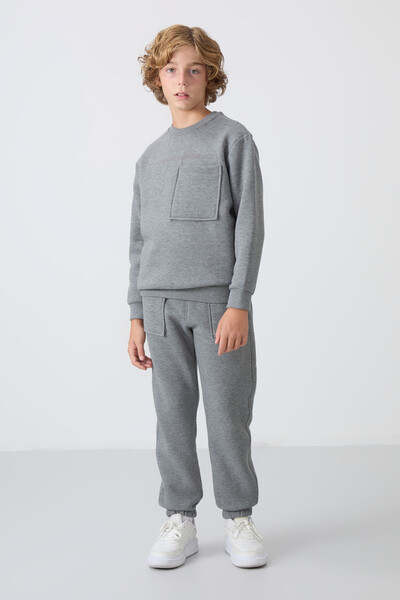 Tommylife Wholesale 7-15 Age Crew Neck Boys' Tracksuit Set 11257 Gray Melange - Thumbnail