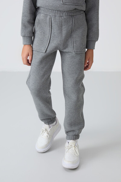 Tommylife Wholesale 7-15 Age Crew Neck Boys' Tracksuit Set 11257 Gray Melange - Thumbnail