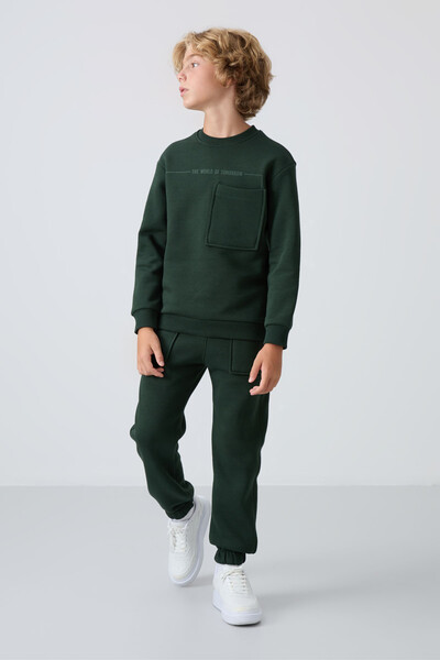 Tommylife Wholesale 7-15 Age Crew Neck Boys' Tracksuit Set 11257 Pine Green - Thumbnail