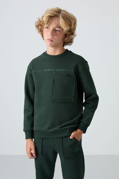 Tommylife Wholesale 7-15 Age Crew Neck Boys' Tracksuit Set 11257 Pine Green - Thumbnail