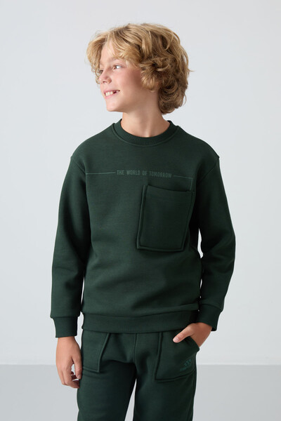 Tommylife Wholesale 7-15 Age Crew Neck Boys' Tracksuit Set 11257 Pine Green - Thumbnail