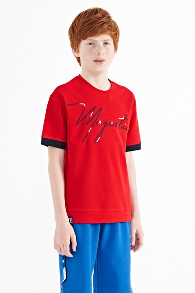 Tommylife Wholesale 7-15 Age Crew Neck Oversize Boys' T-Shirt 11147 Red - Thumbnail