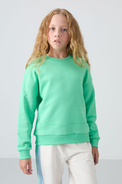 Tommylife Wholesale 7-15 Age Crew Neck Oversize Girls Sweatshirt 75150 Aqua Green - Thumbnail