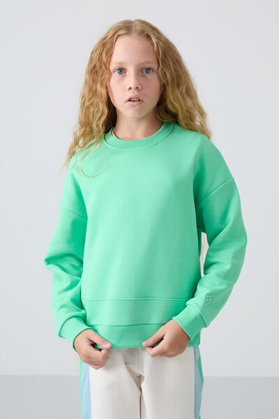 Tommylife Wholesale 7-15 Age Crew Neck Oversize Girls Sweatshirt 75150 Aqua Green - Thumbnail