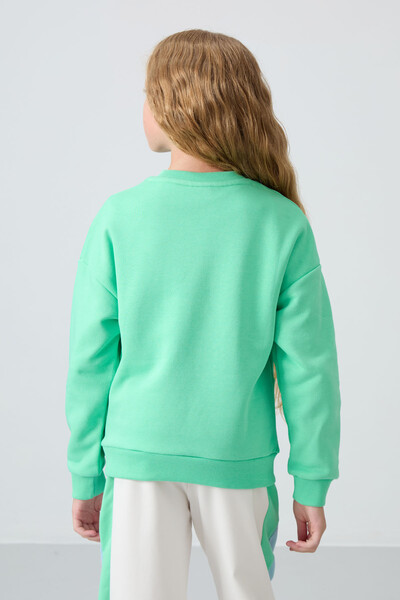 Tommylife Wholesale 7-15 Age Crew Neck Oversize Girls Sweatshirt 75150 Aqua Green - Thumbnail