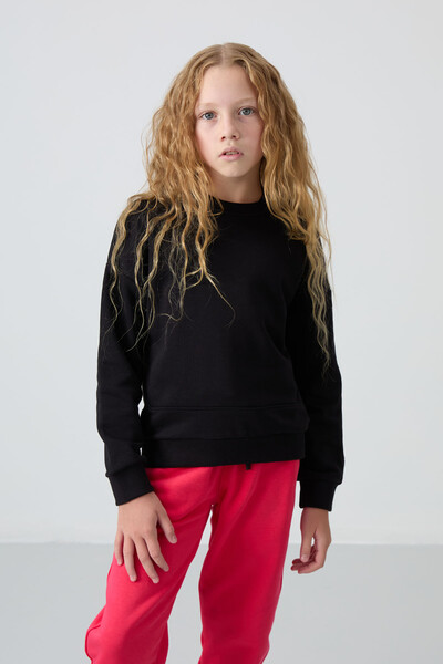 Tommylife Wholesale 7-15 Age Crew Neck Oversize Girls Sweatshirt 75150 Black - Thumbnail