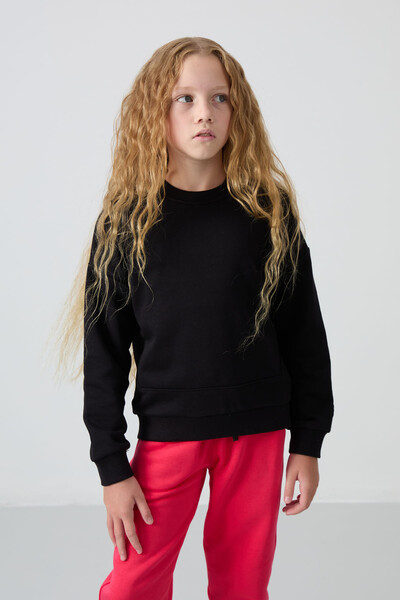 Tommylife Wholesale 7-15 Age Crew Neck Oversize Girls Sweatshirt 75150 Black - Thumbnail