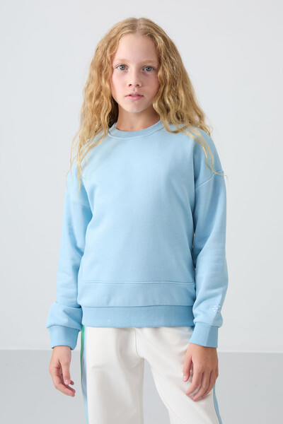 Tommylife Wholesale 7-15 Age Crew Neck Oversize Girls Sweatshirt 75150 Light Blue - Thumbnail