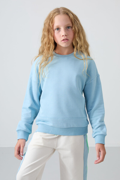 Tommylife Wholesale 7-15 Age Crew Neck Oversize Girls Sweatshirt 75150 Light Blue - Thumbnail