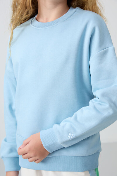 Tommylife Wholesale 7-15 Age Crew Neck Oversize Girls Sweatshirt 75150 Light Blue - Thumbnail