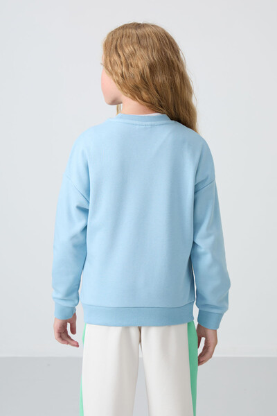 Tommylife Wholesale 7-15 Age Crew Neck Oversize Girls Sweatshirt 75150 Light Blue - Thumbnail