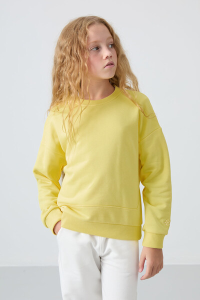 Tommylife Wholesale 7-15 Age Crew Neck Oversize Girls Sweatshirt 75150 Yellow - Thumbnail