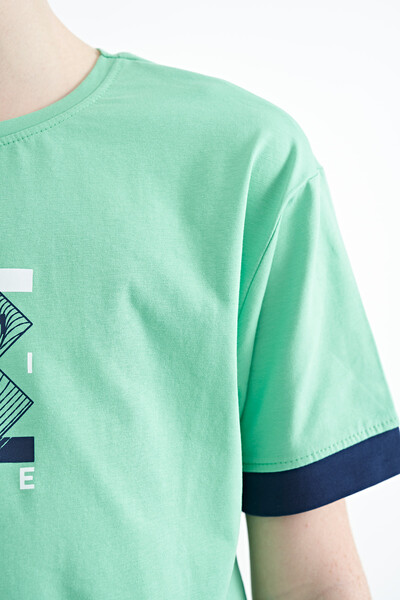 Tommylife Wholesale 7-15 Age Crew Neck Oversize Printed Boys' T-Shirt 11137 Aqua Green - Thumbnail