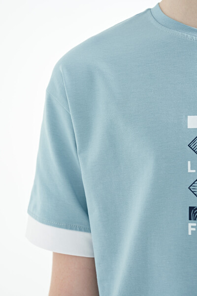 Tommylife Wholesale 7-15 Age Crew Neck Oversize Printed Boys' T-Shirt 11137 Light Blue - Thumbnail
