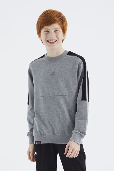 Tommylife Wholesale 7-15 Age Crew Neck Standard Fit Basic Boys' Sweatshirt 11182 Gray Melange - Thumbnail