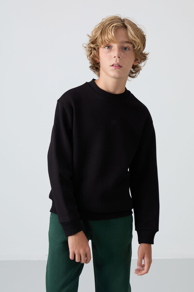 Tommylife Wholesale 7-15 Age Crew Neck Standard Fit Basic Boys' Sweatshirt 11232 Black - Thumbnail