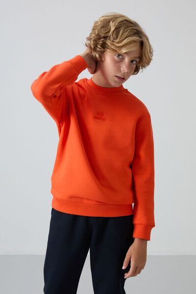 Tommylife Wholesale 7-15 Age Crew Neck Standard Fit Basic Boys' Sweatshirt 11232 Orange - Thumbnail