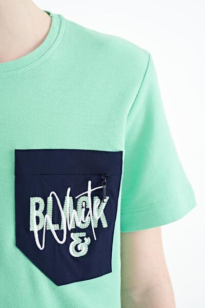 Tommylife Wholesale 7-15 Age Crew Neck Standard Fit Embroidered Boys' T-Shirt 11116 Aqua Green - Thumbnail