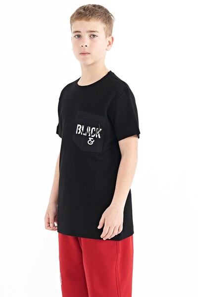 Tommylife Wholesale 7-15 Age Crew Neck Standard Fit Embroidered Boys' T-Shirt 11116 Black - Thumbnail