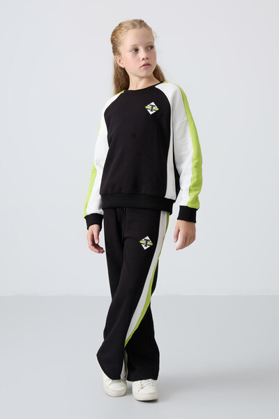 Tommylife Wholesale 7-15 Age Crew Neck Standard Fit Girls Tracksuit Set 75165 Black - Thumbnail