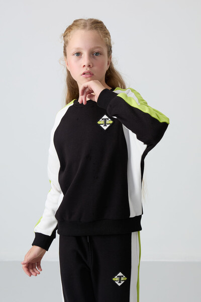 Tommylife Wholesale 7-15 Age Crew Neck Standard Fit Girls Tracksuit Set 75165 Black - Thumbnail