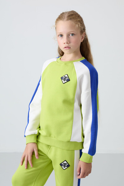 Tommylife Wholesale 7-15 Age Crew Neck Standard Fit Girls Tracksuit Set 75165 Lime Green - Thumbnail