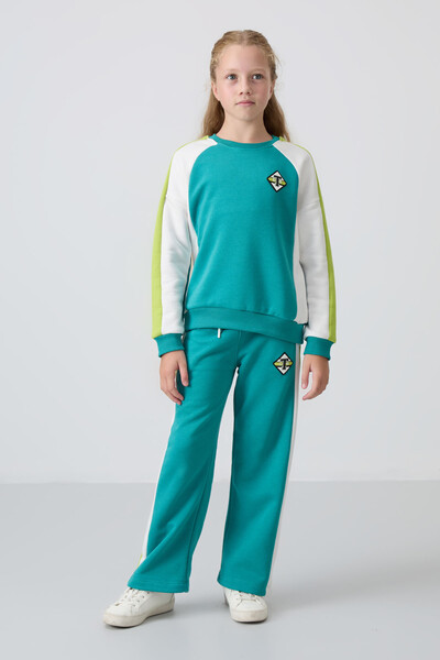 Tommylife Wholesale 7-15 Age Crew Neck Standard Fit Girls Tracksuit Set 75165 Sea Green - Thumbnail