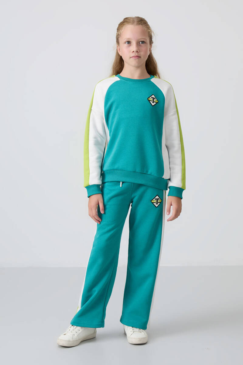 TommyLife - Tommylife Wholesale 7-15 Age Crew Neck Standard Fit Girls Tracksuit Set 75165 Sea Green