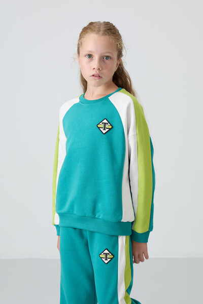 Tommylife Wholesale 7-15 Age Crew Neck Standard Fit Girls Tracksuit Set 75165 Sea Green - Thumbnail