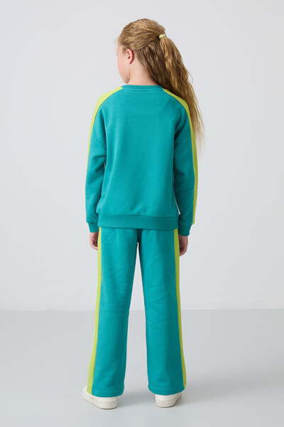 Tommylife Wholesale 7-15 Age Crew Neck Standard Fit Girls Tracksuit Set 75165 Sea Green - Thumbnail