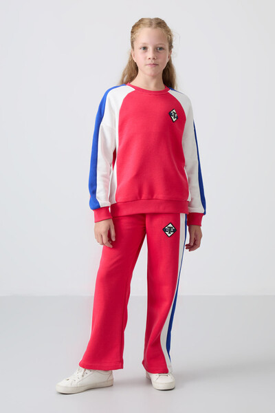 Tommylife Wholesale 7-15 Age Crew Neck Standard Fit Girls Tracksuit Set 75165 Viva Red - Thumbnail