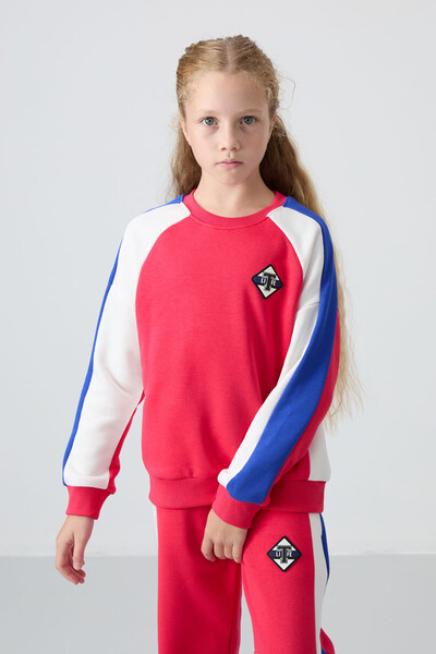 Tommylife Wholesale 7-15 Age Crew Neck Standard Fit Girls Tracksuit Set 75165 Viva Red - Thumbnail