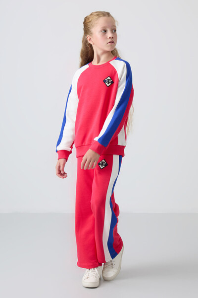 Tommylife Wholesale 7-15 Age Crew Neck Standard Fit Girls Tracksuit Set 75165 Viva Red - Thumbnail