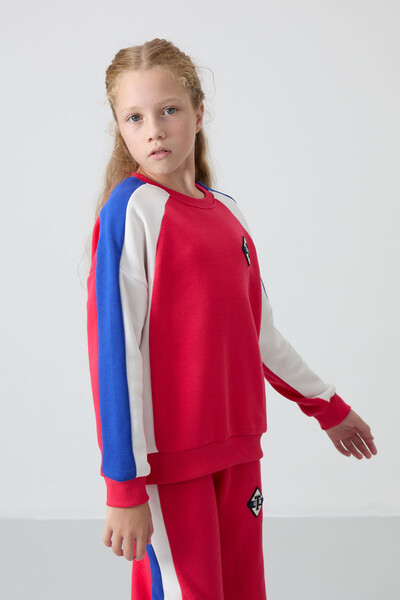 Tommylife Wholesale 7-15 Age Crew Neck Standard Fit Girls Tracksuit Set 75165 Viva Red - Thumbnail