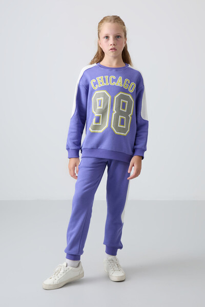 Tommylife Wholesale 7-15 Age Crew Neck Standard Fit Girls Tracksuit Set 75170 Amethyst - Thumbnail