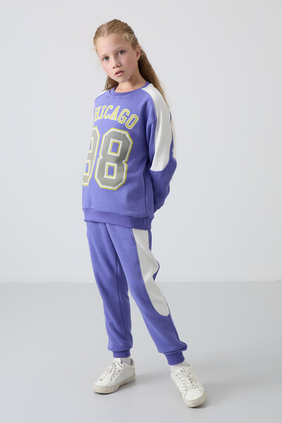 Tommylife Wholesale 7-15 Age Crew Neck Standard Fit Girls Tracksuit Set 75170 Amethyst - Thumbnail