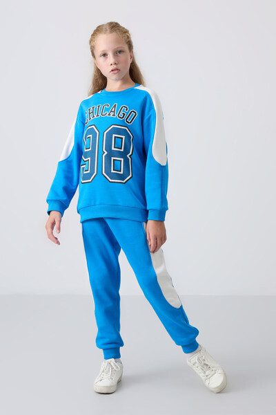 Tommylife Wholesale 7-15 Age Crew Neck Standard Fit Girls Tracksuit Set 75170 Blue - Thumbnail