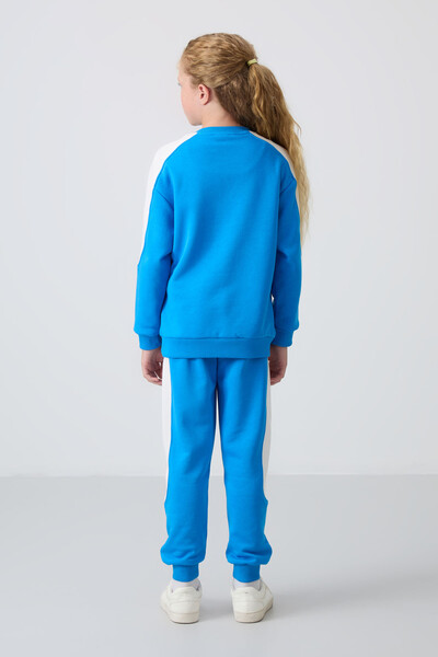 Tommylife Wholesale 7-15 Age Crew Neck Standard Fit Girls Tracksuit Set 75170 Blue - Thumbnail