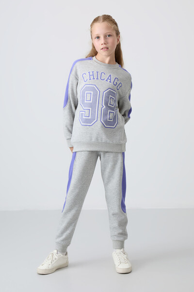 Tommylife Wholesale 7-15 Age Crew Neck Standard Fit Girls Tracksuit Set 75170 Gray Melange - Thumbnail